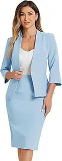 [Allegra K] Women's Business Skirt Suit Set 2-Piece Office Work Outfit Collarless Blazer Pencil Skirt, Light Blue, S