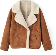 [Generic] Women Lamb Faux Fur Coats Winter Pockets Jacket Long Sleeve Warm Thick Turn-Down Collar Outerwear