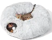 Cozizo Cat Tunnel with Cat Bed for Indoor Cats, Collapsible Plush Cat Cave Tube with Fluffy Toy Ball, Multifunctional Cat Toys for Small Medium Large Cat, Puppy, Rabbit, Ferret (Gray)