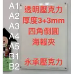 壓克力海報夾3+3MM 圓角防刺 A1、A2、A3、A4、A5、B1、B2（包含四顆鏡面螺絲)透明壓克力海報夾永承壓克力