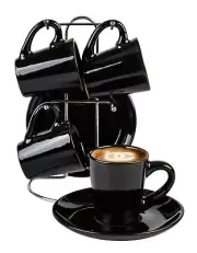 Black 9-pc Espresso Set W/Metal Stand, 4 Espresso Cup Set, Cup & Saucer Set, ...