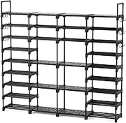 ROJASOP Large Shoe Rack Organizer for Entryway Closet 64-68 Pairs 9-Tier Heavy Duty Tall Garage Shoe Rack Shoe Shelf Shoes Storage with 18 Pcs Removable Side Hooks for Bedroom and Garage Black