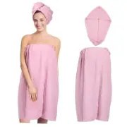 Women Microfiber Waffle Hair Drying Towel and Bath Wrap Towel Set- Pink