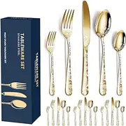 20pcs Stainless Steel Flatware Set, Unique Flower Pattern Silverware Set Service for 4 People, Golden Cutlery Set with Knives/Forks/Spoons, Mirror Polished Utensil Set for Kitchen, Dishwasher Safe