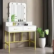Luxsuite Dressing Table with Lighted Mirror Vanity Table with Light Makeup Desk with 4 Drawers for Bedroom Studio White and Gold