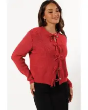 Fiery Red Ribbed Knit Bow Front Buttoned Cardigan - Cardigans -Size XL
