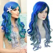 Long Wavy Blue Green Mermaid Wig with Bangs Dark Blue Light Purple and Lake Green Ombre Curly Ariel Little Mermaid Wigs Partys Cosplay Wig Outfit for Women and