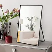 NUMJTT Desktop Makeup Mirror with Black Metal Standing 90° Rotation Vanity Table Mirror Portable Cosmetic Mirror for Dressing Room Bedroom Bathroom Rectangle