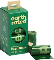 Earth Rated Dog Poop Bags, 120 Extra Thick and Strong Biodegradable Poop Bags for Dogs, Guaranteed Leak-Proof, Unscented, 8 Rolls, 15 Doggy Bags Per Roll, Each Dog Waste Bag Measures 23 x 33 cm