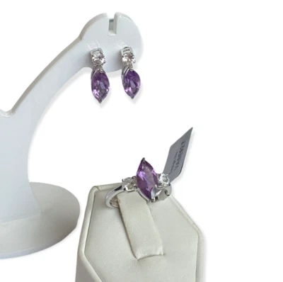 Brazilian Amethyst & White Zircon Earrings & Ring Set Sterling Silver ctw 6.26ct