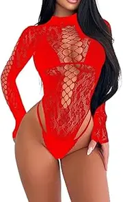 [Generic] Women Sexy Sheer Fishnet Bodysuit, Cutout Backless High Leg Top One Piece Cover Up