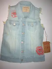 New Girls NWT $128 True Religion Brand Jeans XL Denim Vest Light Blue Red Flower
