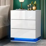 Oikiture Bedside Table RGB LED Nightstand Cabinet 3 Drawers Side Table Furniture White