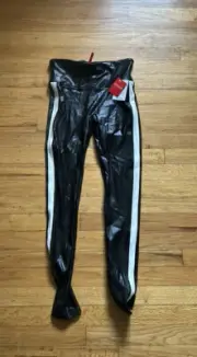SPANX Black Faux Leather Leggings With White Stripe up The Side Size small NWT