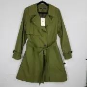 7 For All Mankind Women's Gunflap Olive Green Trench Coat XL Duster Midi Belted