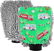 Wash Mitt for Car Washing Microfiber Absorbent Chenille Mitts Car Cleaning Tools Scrub Pad Scratch Free Soft Colorful Cartoon Vehicles Trucks Green, Large x 2 Pack