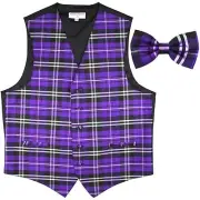 New Men's Plaid Tuxedo Vest Waistcoat & Bow tie Purple Wedding Prom formal party