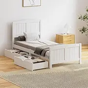 Oikiture Single Bed Frame with 2 Drawers Pine Wood Bed Frame Platform Bed with Headboards and Footboards, White