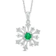 4.5mm Lab-Created Emerald and 0.1 CT. T.W. Diamond Snowflake Pendant in Sterling Silver