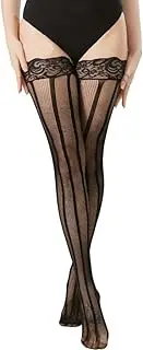 [Generic] Lace Trim Striped Fishnet Thigh High Stockings, Over the knee High Stockings