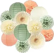 Sage Green Cream Party Decorations: 11pcs 10inch Paper Pom Poms & Lanterns in Sage, Peach, Cream, Pink for Baby Shower, Bridal, Birthday