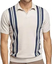 [Aosufei] Men's Knit Casual Polo Shirts Plain Slim Short Sleeve Stripe Shirt V-Neck Collared Lightweight Polo Shirts