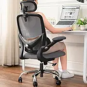 TONFARY Ergonomic Home Office Chair, High Back Mesh Desk Chair with Adjustable Lumbar Support, Flip-up Armrest, Removable Headrest, Swivel Computer Gaming Chair, Space Saving, 150KG (Black+Grey)