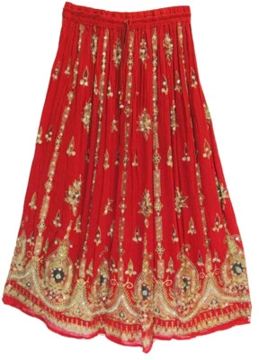 Indian Red Crinkle, Long Boho, Retro, Hippie, Rayon, Sequins, OSFM