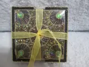 Coasters Set Of 4 With Holder Peacock Faux Jeweled/Beaded New