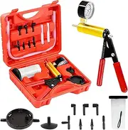 Swpeet 15Pcs - 1Set Red 2 in 1 Handheld Vacuum Pump Brake Bleeder Assortment Kit, Brake System Bleeding Tools Manual Vacuum Pump with Gauge Adapters Replace Brake Oil for Motorcycle, Bike, Car