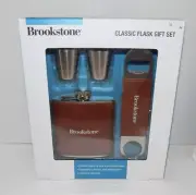Brookstone Classic Flask Gift Set 6 oz Stainless Steel 2 Cups And Bottle Opener