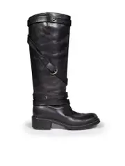 Black Leather Buckled Strap Boots
