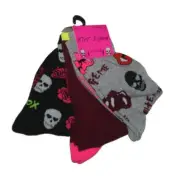 3 PR Betsey Johnson Halloween BITE ME Fangs Skulls Roses Solids Wm's Crew Socks