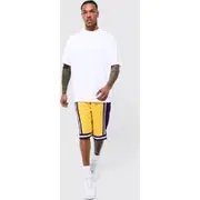 Mens Yellow Oversized Panelled T-shirt And Mesh Short Set