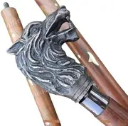 Blackperlcrafts by Vintage Aluminum Wolf Head Handle Round Wooden Walking Cane Stick Handmade Style New