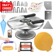 50-Piece Cake Decorating Kit 12" Aluminum Turntable Spatulas Icing Tips Bags Lev