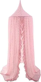 Kids Bed Canopy for Girls, Pink Crib Canopy Princess Hanging Children Canopy Tent, Toddler Girl Canopy Bed Netting for Baby Room Bedroom Reading Nook, Macrame Lace Boho Nursery Canopy with Pom Pom