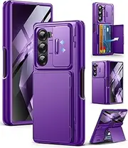 [Tongate] for Z Fold 6 Case, [with Card Holder & S Pen Holder] [Glass Screen Protector & Slide Camera Cover] Rugged Hinge Protection Wallet Kickstand Phone Case for Samsung Galaxy Z Fold 6, Purple