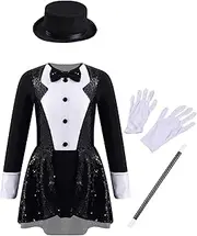 [Hedmy] Kids Magician Outfits Sequin Leotards with Hat Magic Wand White Gloves for Halloween Carnival Party