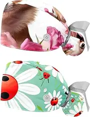[YTYVAGT] 2-Pc,Nurse Scrub Caps,Scrub Hats with Buttons and Cotton Sweatband,Chihuahua Dog and Rose