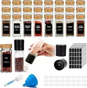 9SHOME 24pcs Glass Spice Jars with Bamboo Lids, Square Seasoning Containers Spices Organizer Small Items Storage, with Pepper Grinder, Preprinted Spice Label, Wooden Lids, Funnel, Shaker, 120ml/4oz