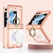 RUNGOS Magnetic Clear for Samsung Z Flip 5 Case Magsafe with Ring Stand [Hinge Protection] [360° Rotatable Ring Holder] [Mil-grade 4-Corner Airbag Reinforcement] Cover for Samsung Galaxy Z Flip 5 Case