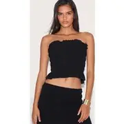 Black Shirred Linen Look Bandeau Top, Black