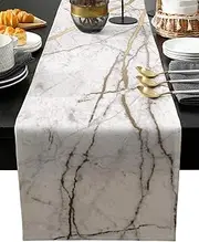 Marble Table Runner-Cotton Linen-Long 120 inche White Gray Gold Dresser Scarves,Texture Tablerunner for Kitchen Coffee/Dining/Sofa/End Table Bedroom Home Living Room,Scarfs Decor for Holiday Dinner