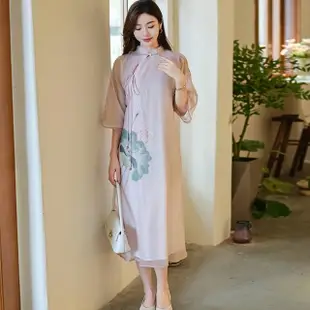 【REKO】玩美衣櫃寬鬆旗袍淡粉色中式雪紡長洋裝S-XL