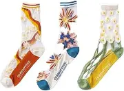 [ZIRIA] 3 Pairs Ultra-Thin Transparent Crystal Silk Socks Women Summer Socks Retro Flower Streetwear Elastic Long Socks