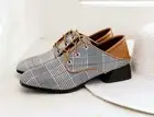 British Womens Lace Up Plaid Low Block Heel Formal Shoes Mixed Color Oxford Pump