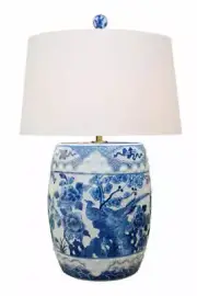 Blue and White Floral Bird Motif Porcelain Table Lamp 31"