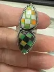 Sterling Silver Checkerboard Southwest Aurora Opal Onyx Ring Adjustable Matte