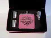 Harley Davidson pink leather flask gift set 2 shot glasses & funnel leather box
